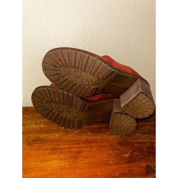 Lucky Brand Dalliey Burnt Henna Leather Suede Mules Open Toe Stacked 3" Heels - Picture 7 of 7